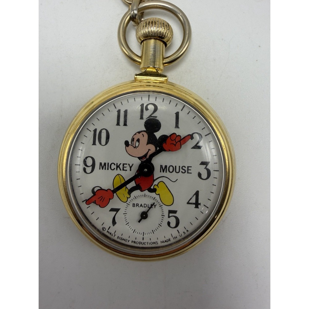 Bradley Disney Mickey Mouse Pocket Watch Working 50MM Made In USA Gold Tone